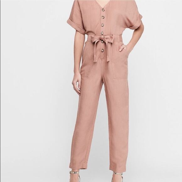 Express Pants - Express Dusty Pink Linen Blend Half Button Jumpsuit Size XS NWT